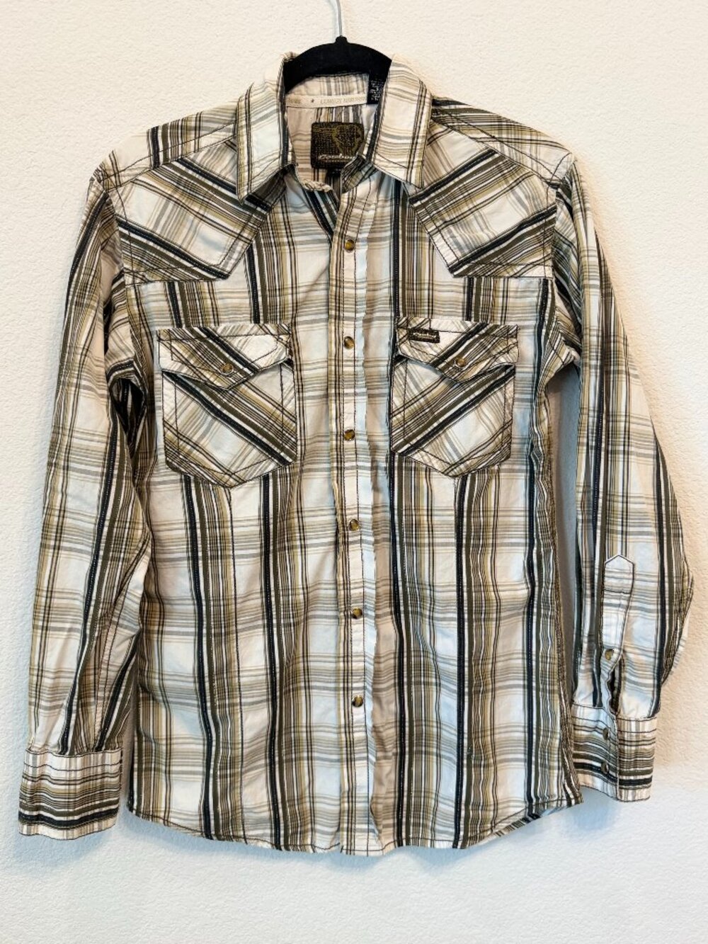Western Cowboy Plaid Snap Button Shirt Y2K 100% Cotton Size S.  Men's size S